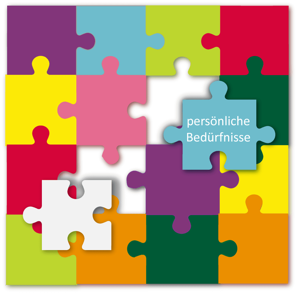 Puzzle-Hashimoto-Ernährungsberatung-Hypnose-Irene-Held-Dübendorf-Stettbach-Schwerzenbach Puzzle mit farbigen Teilen. Das Teilchen "persönliche Bedürfnisse" liegt auf dem fertigen Puzzle. Symbol, dass es in der Beratung viele Einzelteile wichtig sind, und nicht nur ein Element.