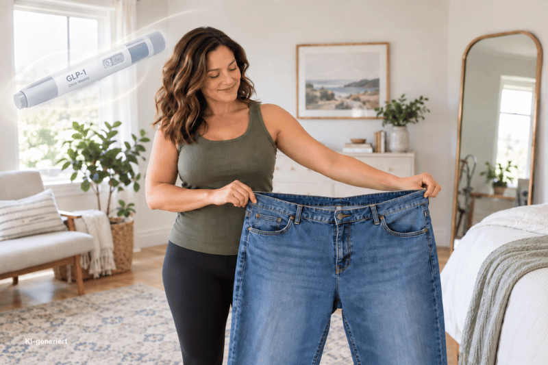 Abnehmspritze absetzen: So behältst du dein Gewicht – Frau hält eine zu grosse Jeans.